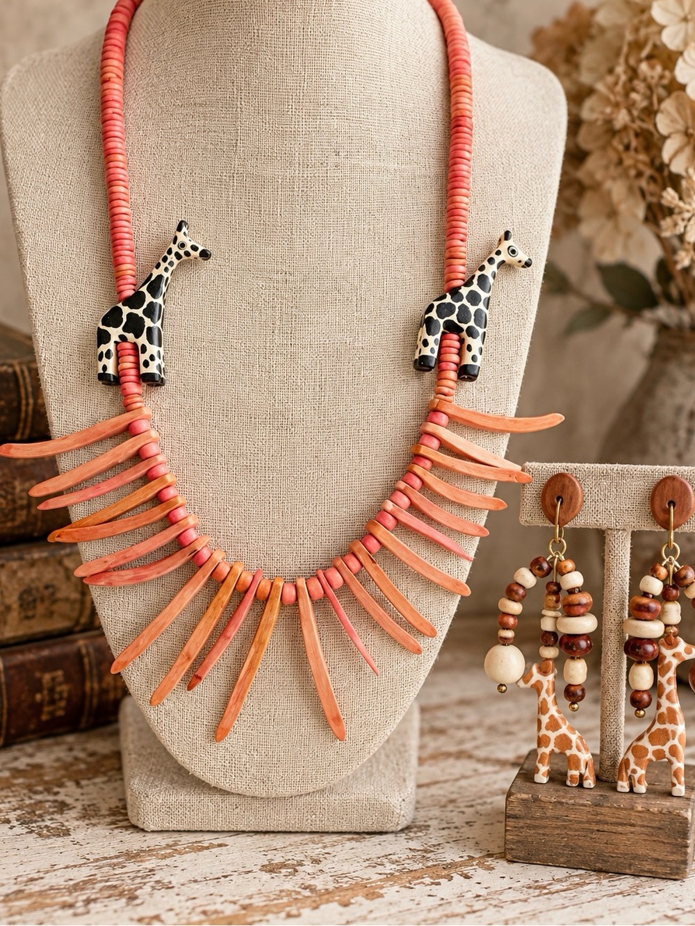Giraffe Long Statement Necklace & Earrings Set Coral Wood Beaded Safari Global